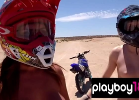 Big boobed badass nude babes trying motocross in the desert