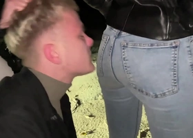 Bratty girls roughly public dominate an enslaved guy outdoor night
