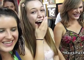 Group of nasty babes parting in tattoo shop