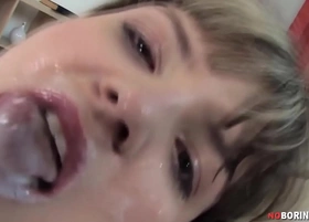 Petite blonde takes five loads into her mouth