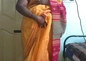 Desi indian lickerish tamil telugu kannada malayalam hindi cheating wife vanitha wearing orange colour saree similar big chest and shaved pussy press hard chest press nip ill feeling pussy tongue-lashing