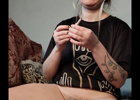 stepdaughter smokes a cigarette for her showed pussy