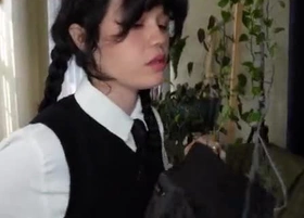 Wednesday Addams takes a huge dick deep and hard, getting unconvincing wide as Yhivi joins in for a filthy rough fuck