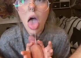 Cute Nerdy Girl Shows Her Deepthroat Ability on Obese Dick