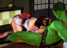 Oriental girl hentai having sex with a green orc man in hot xxx hentai game video