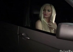 Hot sexy blonde girl sucking dicks through car window in public